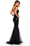 Mermaid Spaghetti Straps Sequin Black Tie Dress