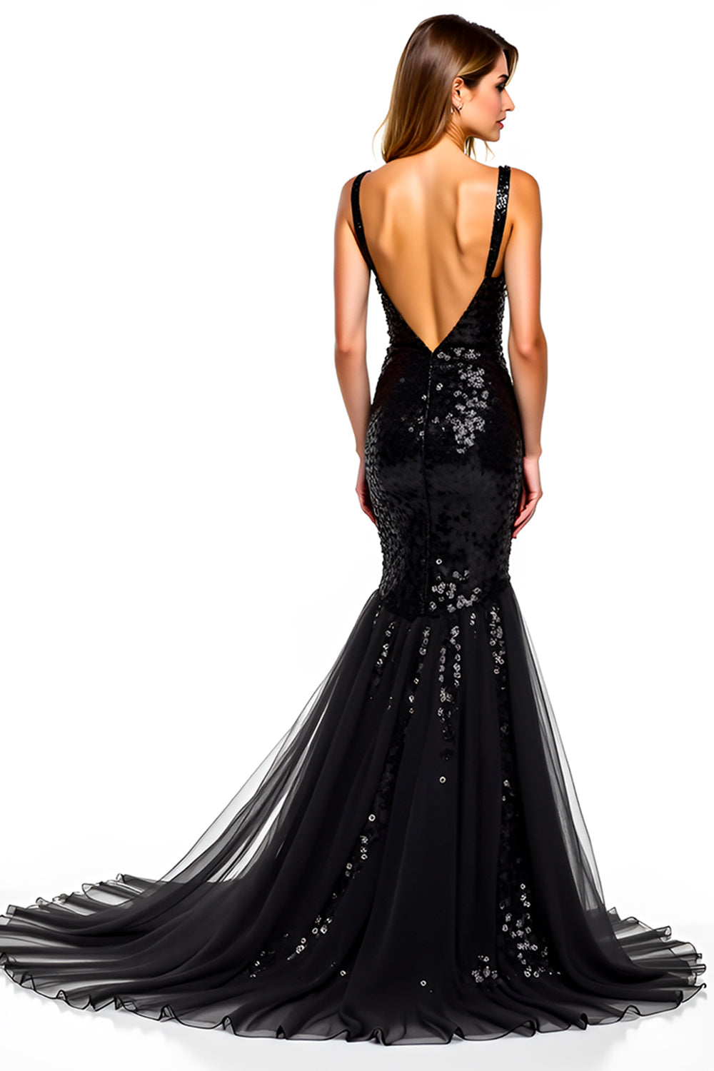 Mermaid Spaghetti Straps Sequin Black Tie Dress