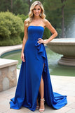 Royal Blue Strapless Formal Dress with Slit