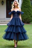Navy A-Line Off the Shoulder Ruffles Tulle Short Prom Dress with Lace