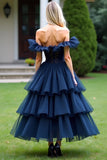 Navy A-Line Off the Shoulder Ruffles Tulle Short Prom Dress with Lace