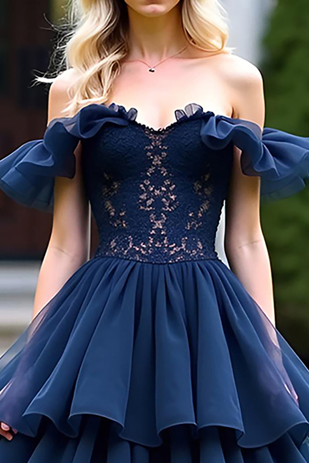 Navy A-Line Off the Shoulder Ruffles Tulle Short Prom Dress with Lace