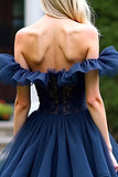 Navy A-Line Off the Shoulder Ruffles Tulle Short Prom Dress with Lace