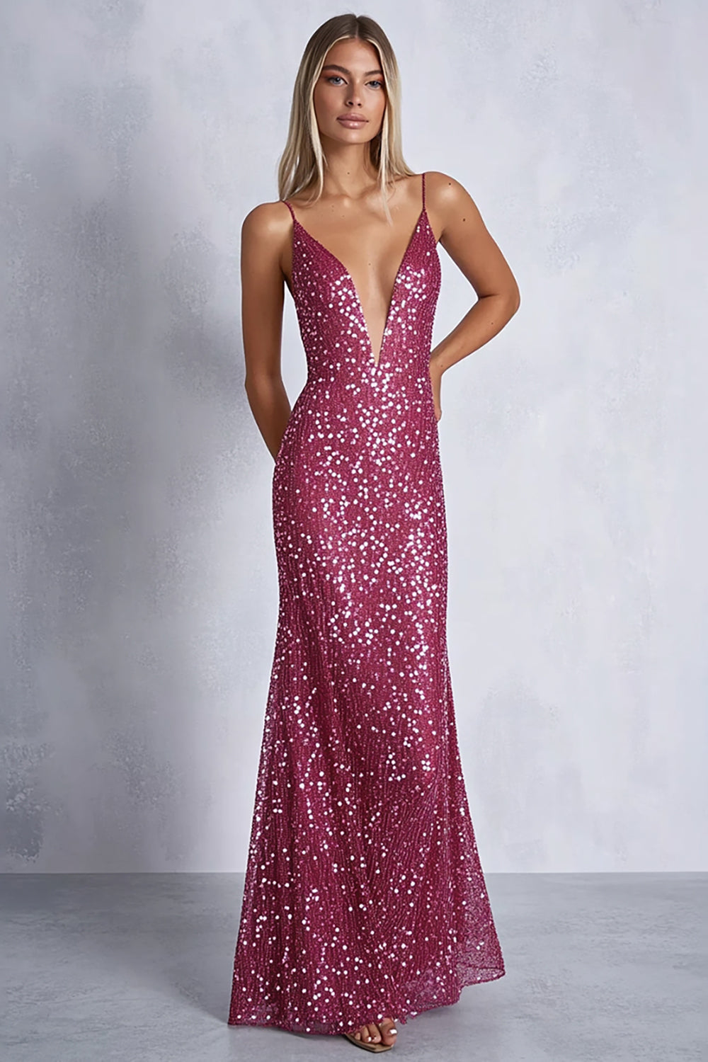 Sparkly Fuchsia Mermaid Spaghetti Straps Sequin Formal Dress