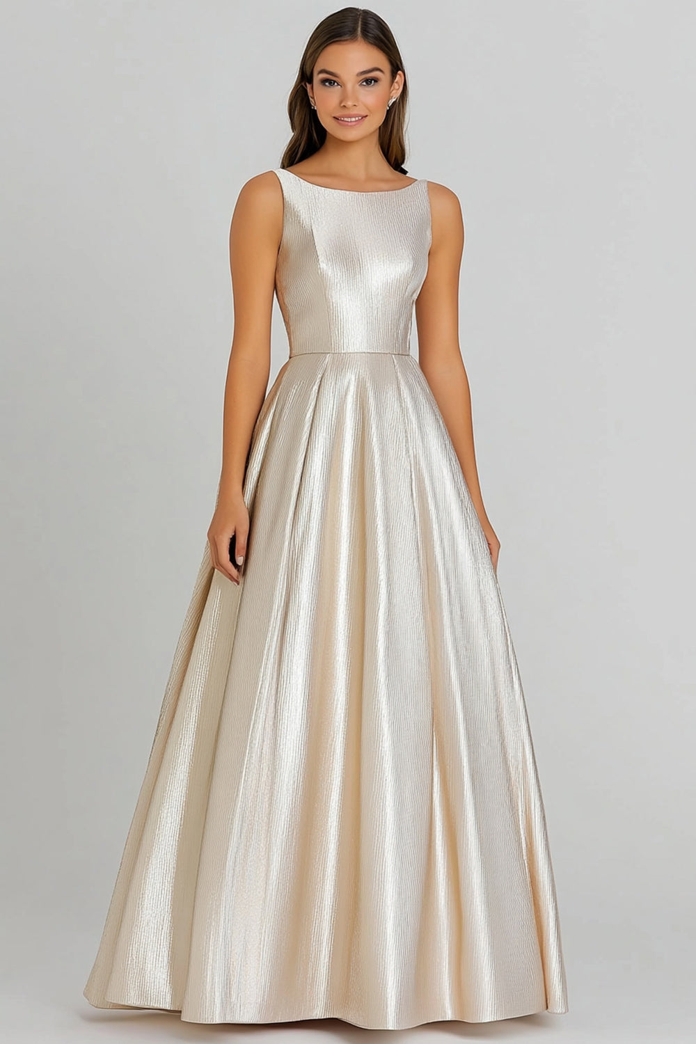 Champagne A Line Scoop Long Formal Dress
