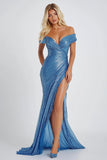 Sparkly Blue Mermaid Off the Shoulder Formal Dress with Slit