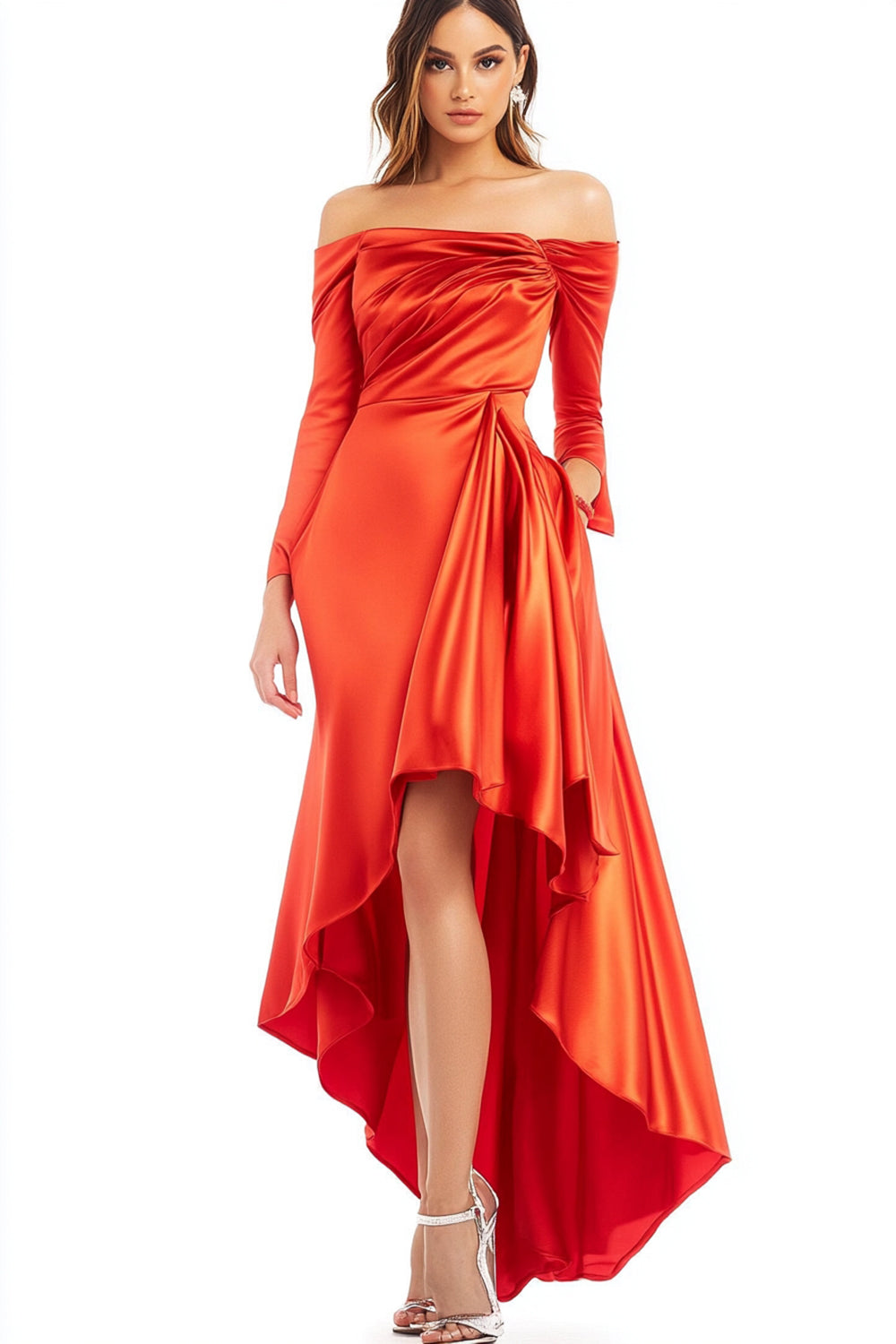Orange Off the Shoulder Satin High Low Long Sleeve Formal Dress