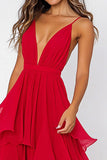 Ruffled Tiered Chiffon Red Prom Dress