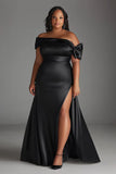 Black Off The Shoulder Satin Plus Size Formal Dress