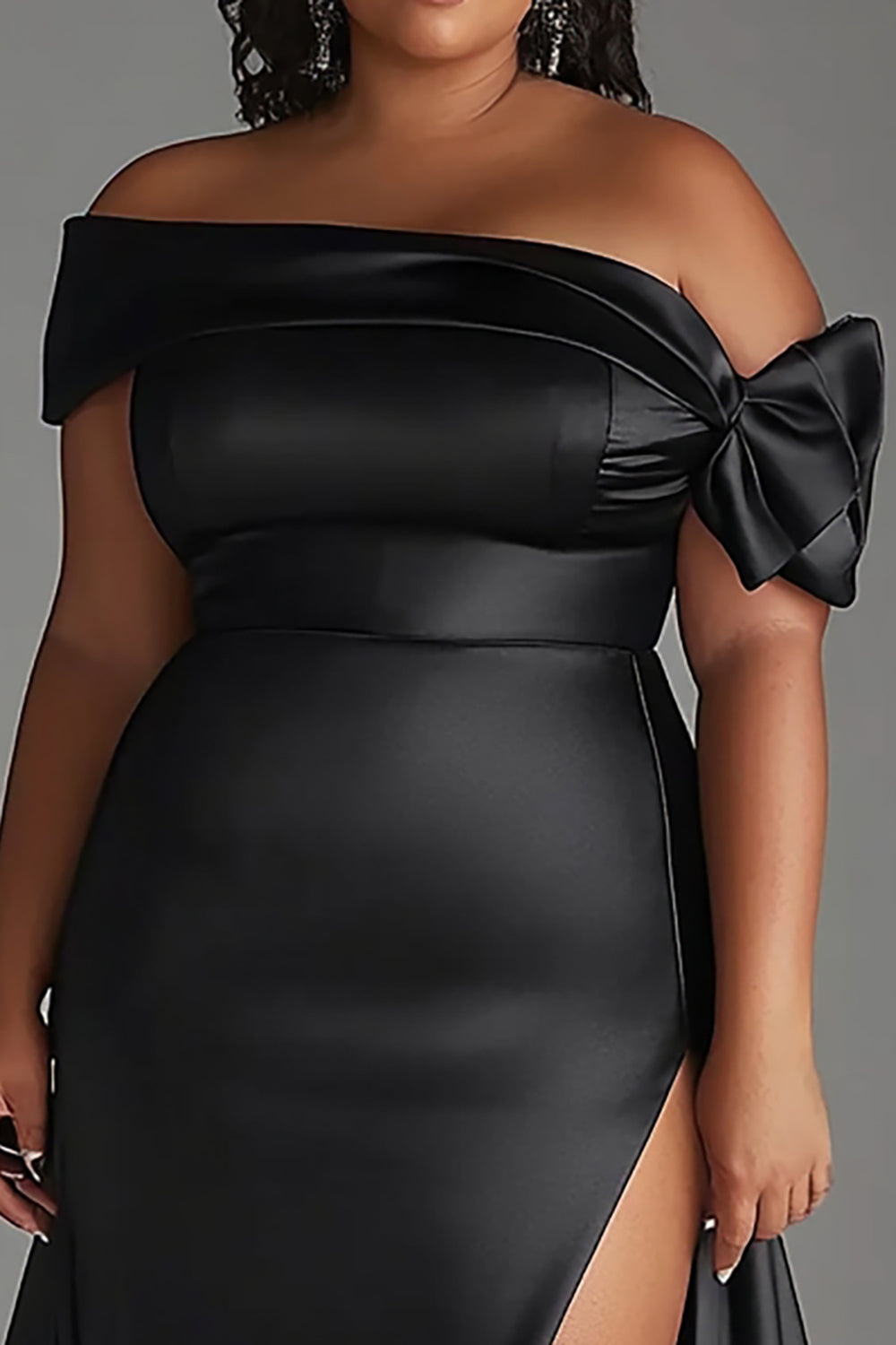 Black Off The Shoulder Satin Plus Size Formal Dress