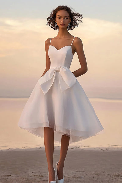 graduation dresses bow Berylove Women Dress A Line Satin Knee Length Spaghetti Straps Little White Dress With Bows Color:Crazy Plum Blue Baby Shower Dresses Chic and elegantly detailed nochart