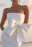 White Sheath Bow Tea Length Graduation Dress With Slit