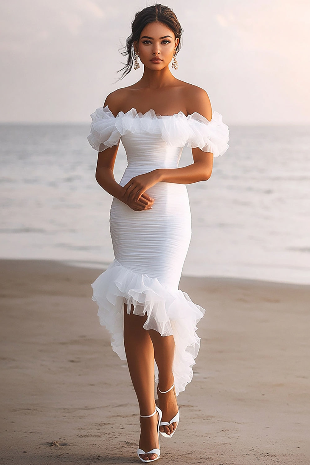 Off The Shoulder Asymmetrical Ruffled White Graduation Dress