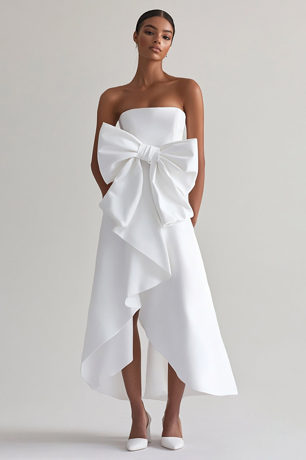 White A Line Strapless Graduation Dress With Bow