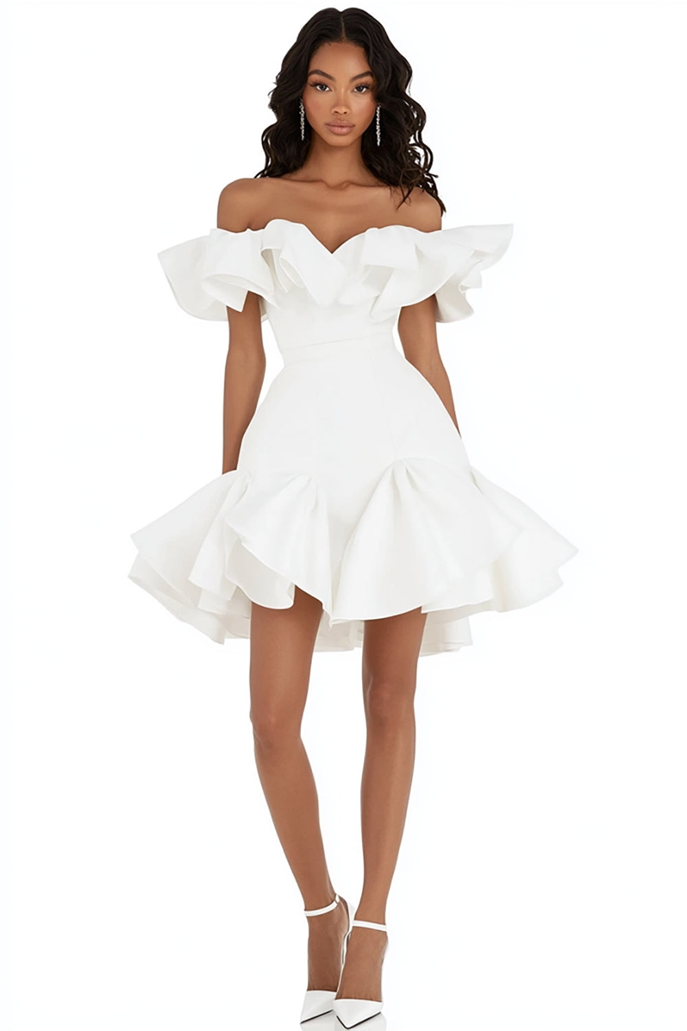 White Ruffle Off The Shoulder Graduation Dress