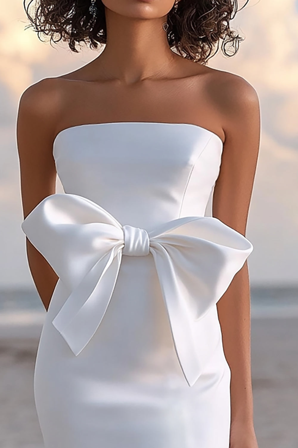 Strapless Satin White Graduation Dress With Bow