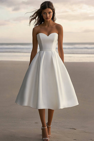 Berylove Women White Graduation Dress Sweetheart A Line Satin Ruffled Midi Dress, White / US10