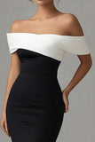 Satin Mermaid Off the Shoulder Black Tie Dress with Slit