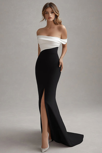 white and black formal dresses Berylove Women Elegant Dress with Slit Off the Shoulder Satin Mermaid Evening Dress Black Alt Goth Dark The design smoothly flows Style:Gown Pieces:3: Bed, Dresser, Mirror