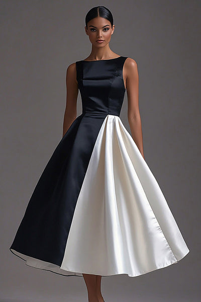Berylove Women A Line Midi Formal Dress Boat Neck Satin Black and White