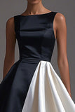 Black White A Line Boat Neck Semi Formal Dress