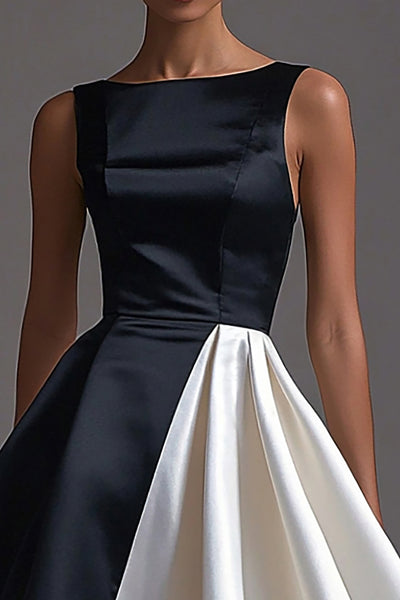 Black and White A-Line V-Neck Pleated Formal Dress