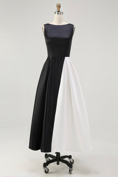 Berylove Women A Line Midi Formal Dress Boat Neck Satin Black and White