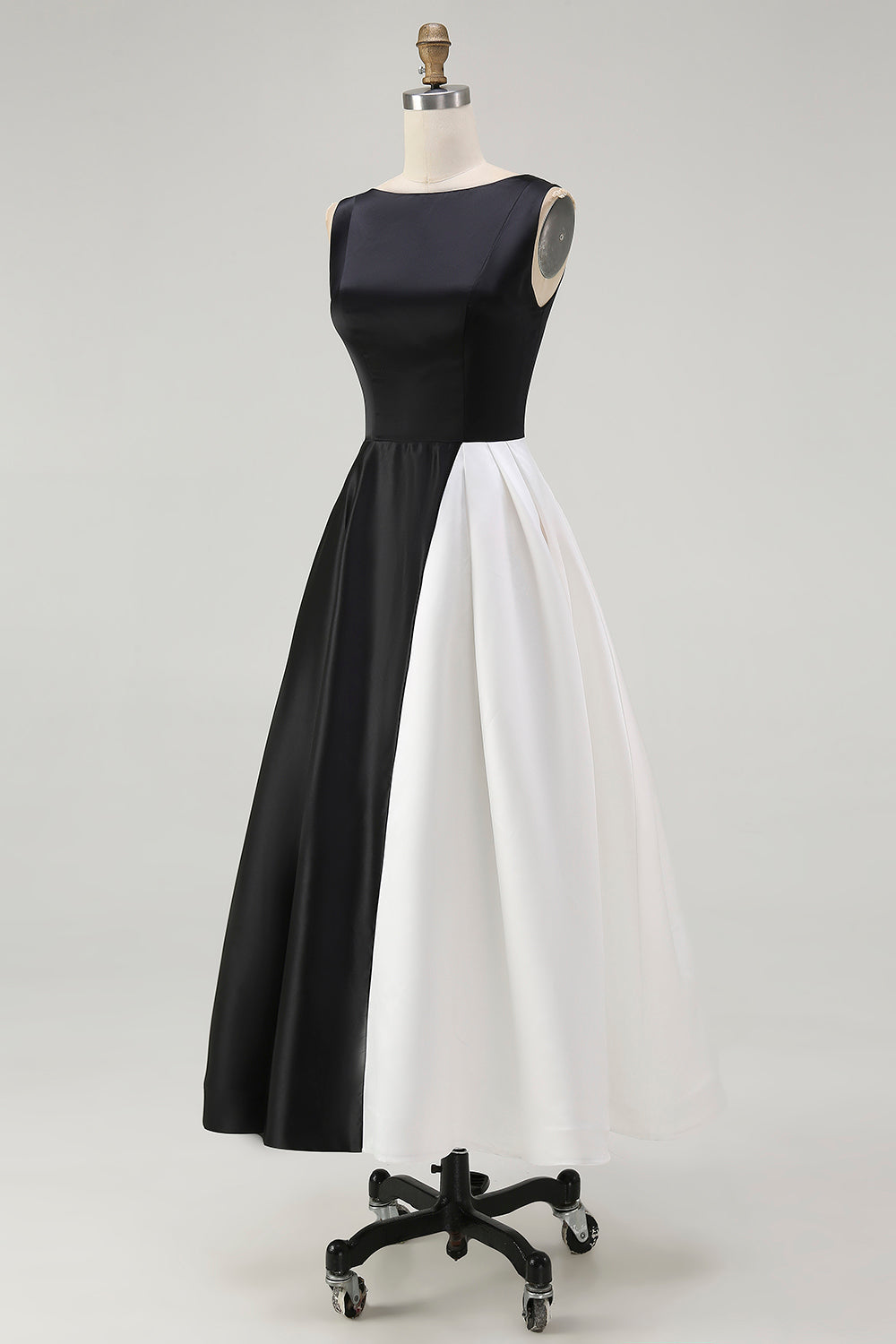 Black and White Boat Neck A Line Midi Formal Dress