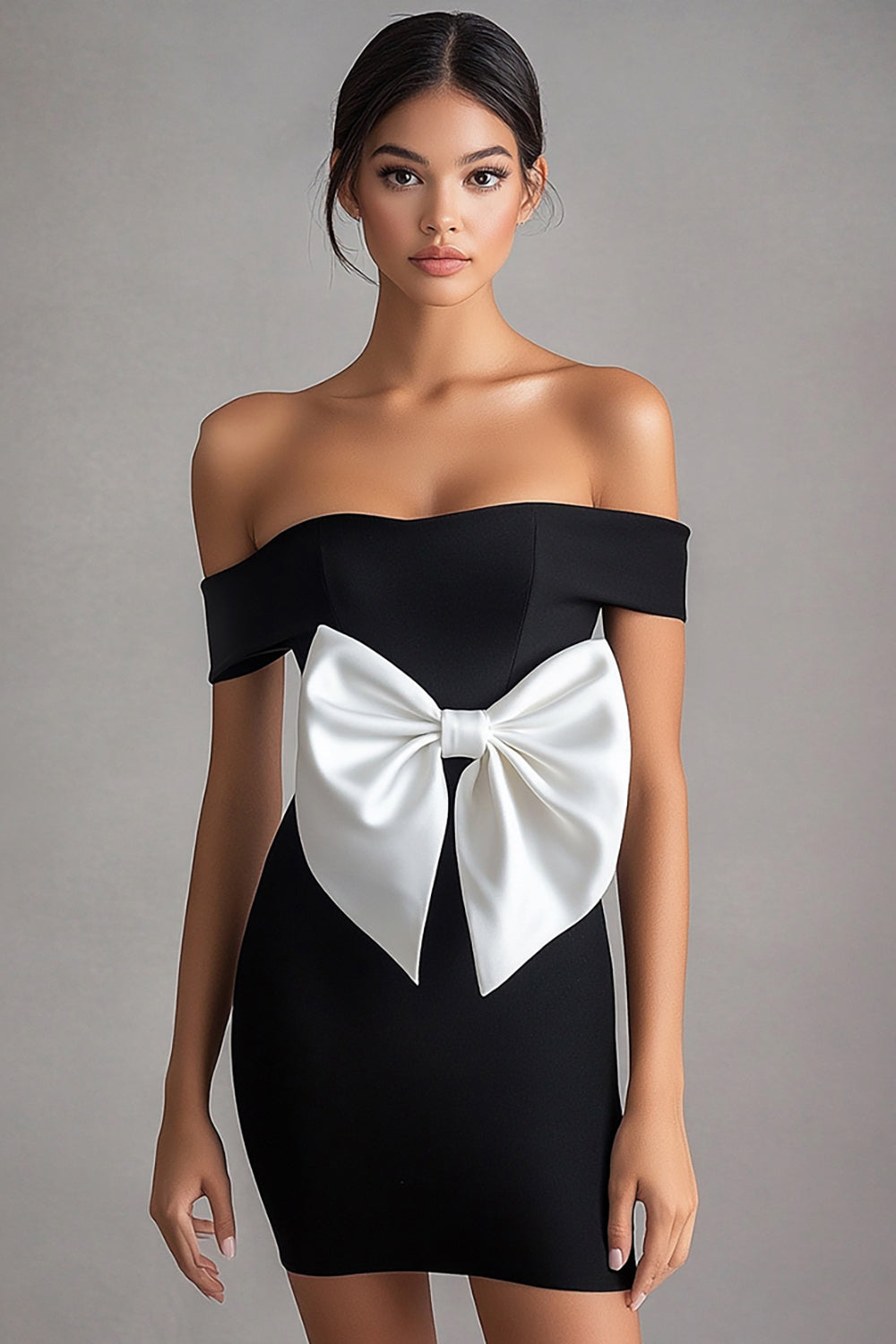 Bodycon Satin Off the Shoulder Little Black Dress with Bow