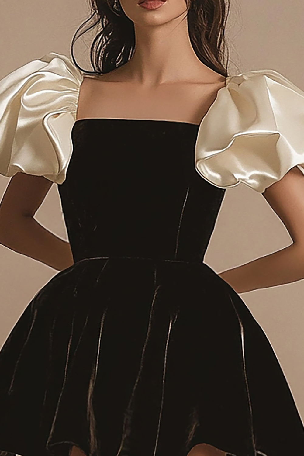 Black Ivory A Line Velvet Mini Dress with Puff Sleeves