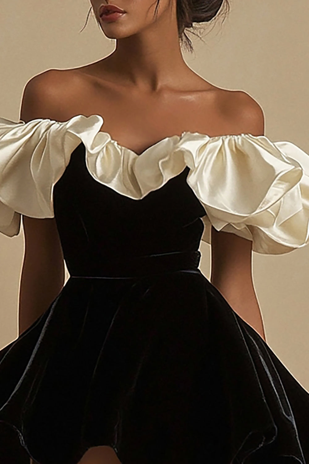 Black Ivory Velvet Ruffle Off the Shoulder Mini Dress