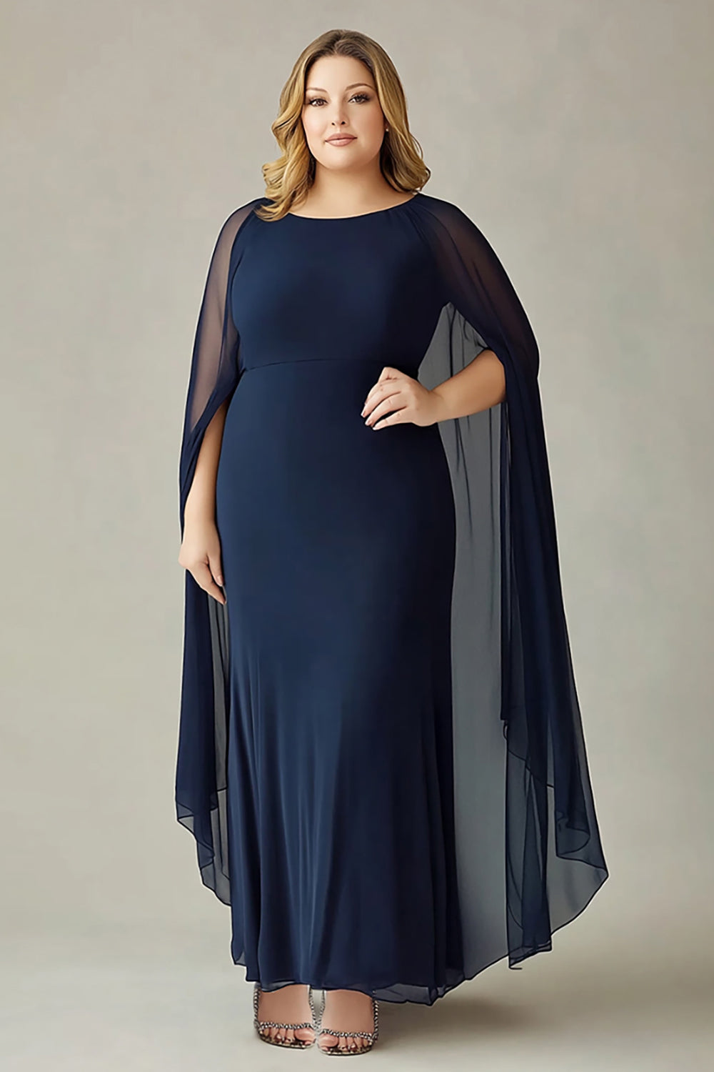 Navy Chiffon Plus Size Mother of the Bride Dress with Cape