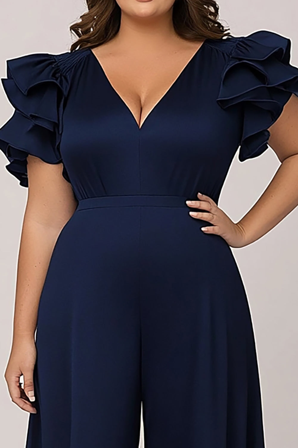 Ruffled V Neck Navy Plus Size Mother of the Bride Outfit