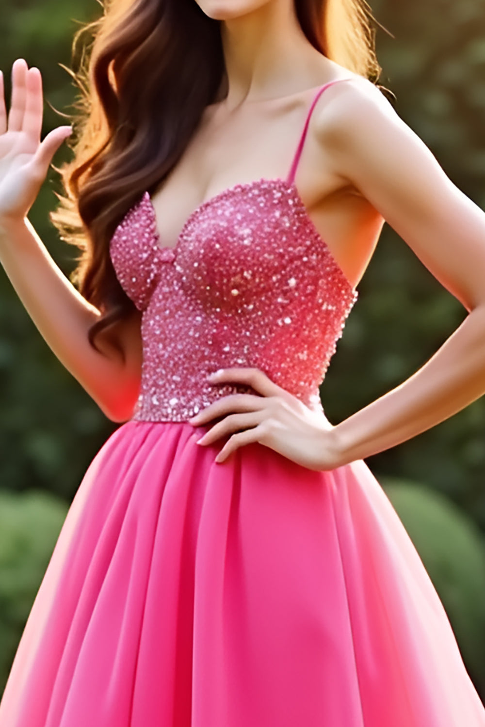 A Line Fuchsia Spaghetti Straps Organza Lace Prom Dress