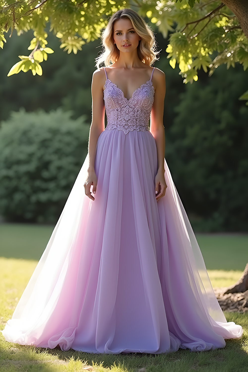 A Line Lilac Spaghetti Straps Organza Lace Prom Dress