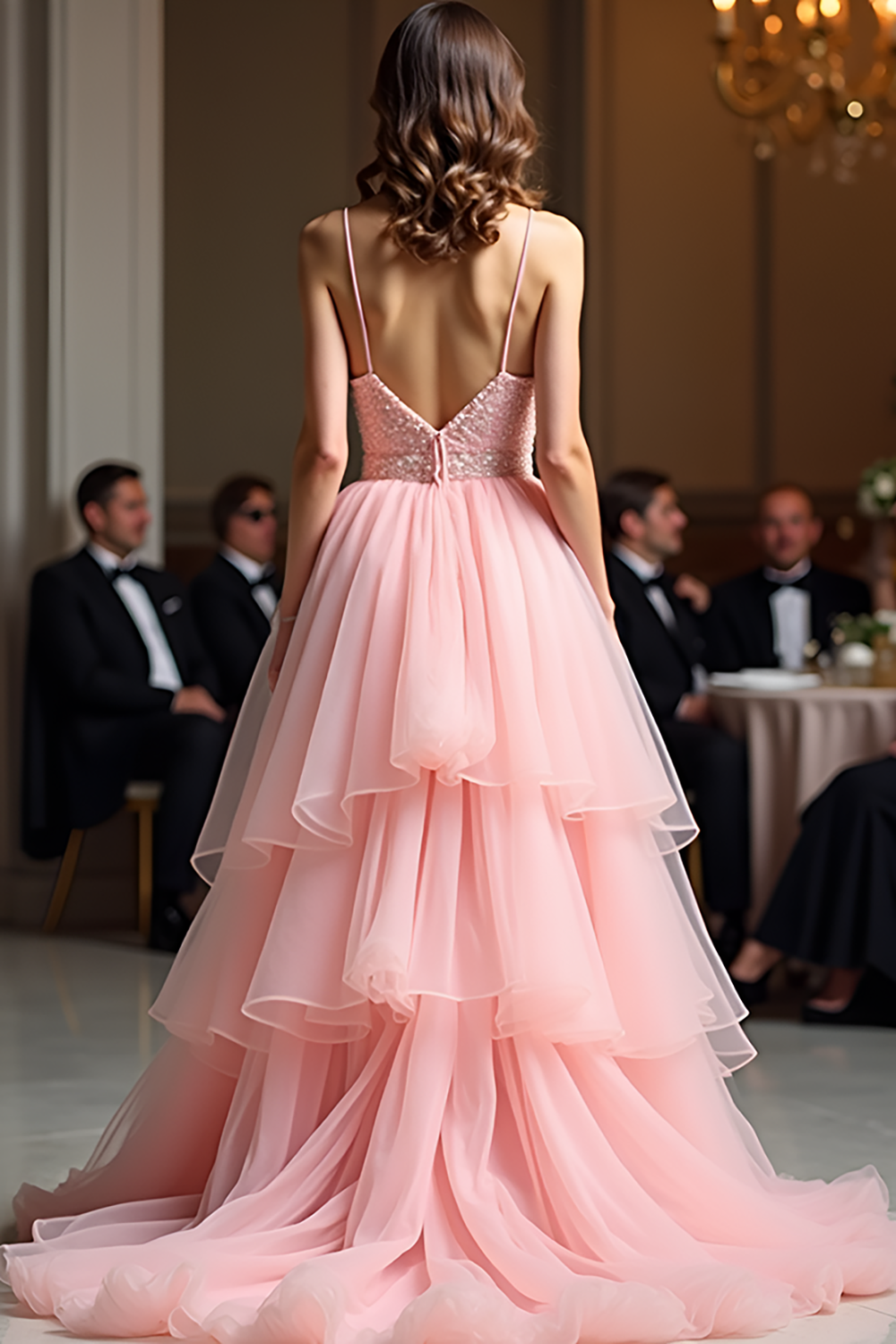 Pink Beaded Waist Tiered A Line V Neck Prom Dress
