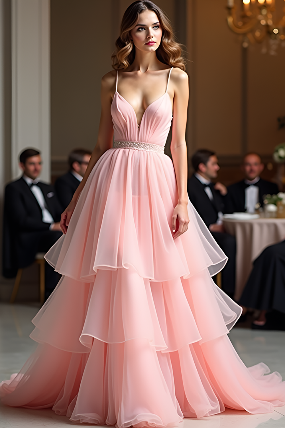 Pink Beaded Waist Tiered A Line V Neck Prom Dress