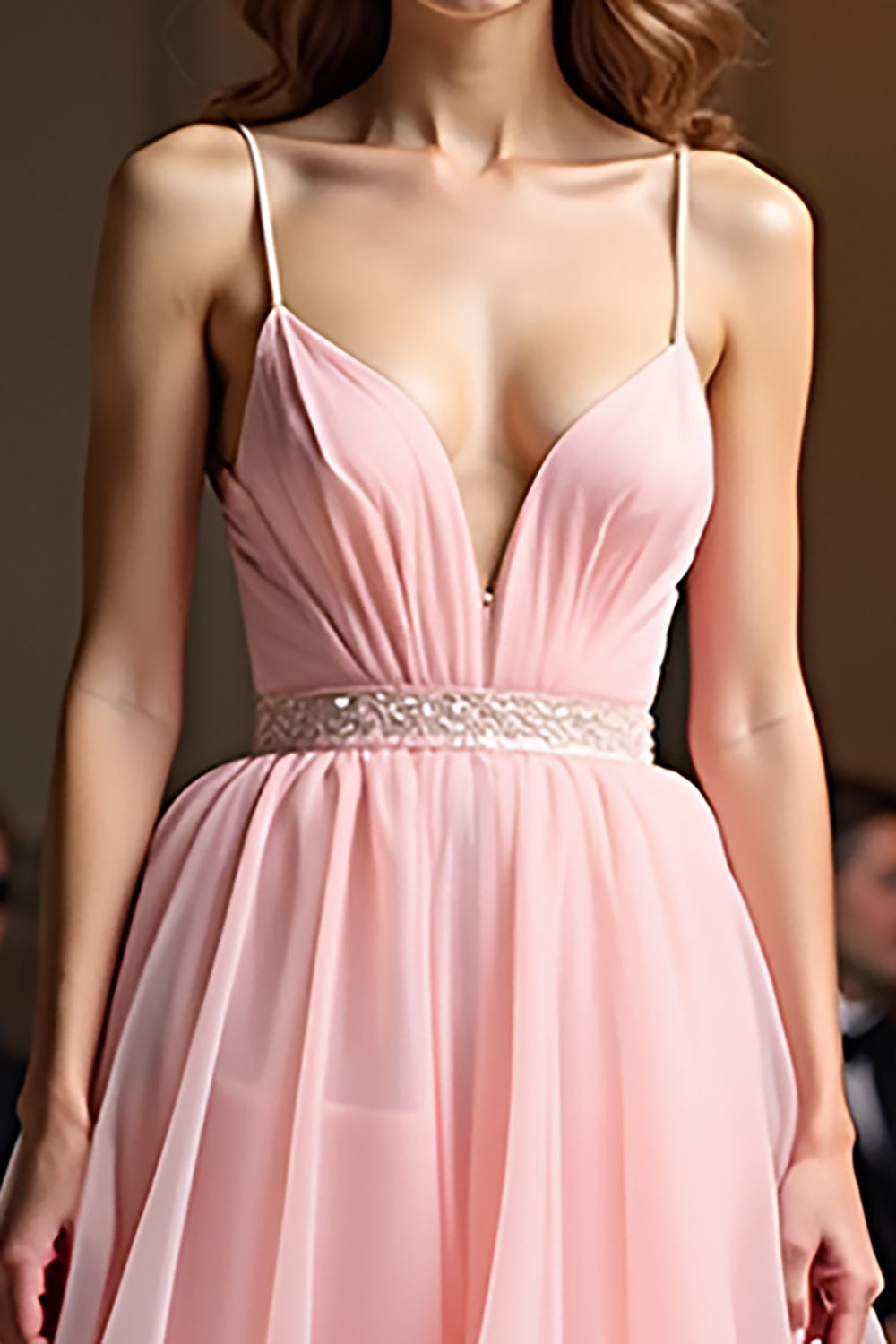 Pink Beaded Waist Tiered A Line V Neck Prom Dress