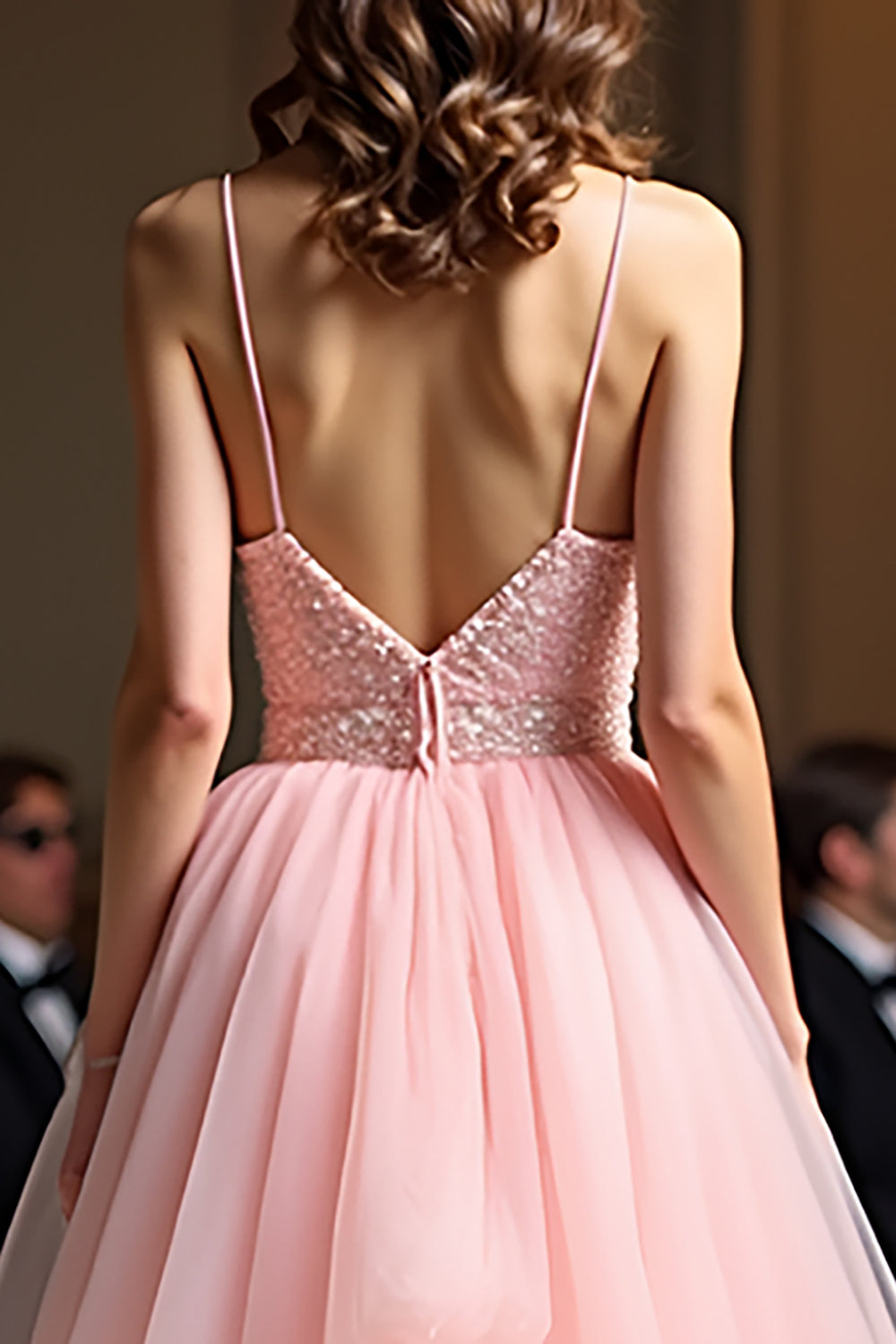 Pink Beaded Waist Tiered A Line V Neck Prom Dress