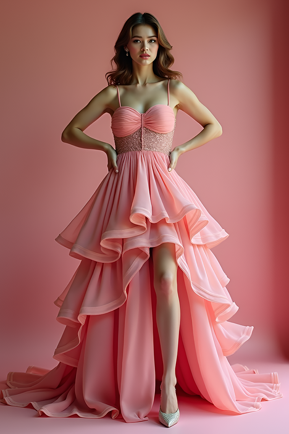 Sweet Pink Beaded High-Low Ruffled Prom Dress