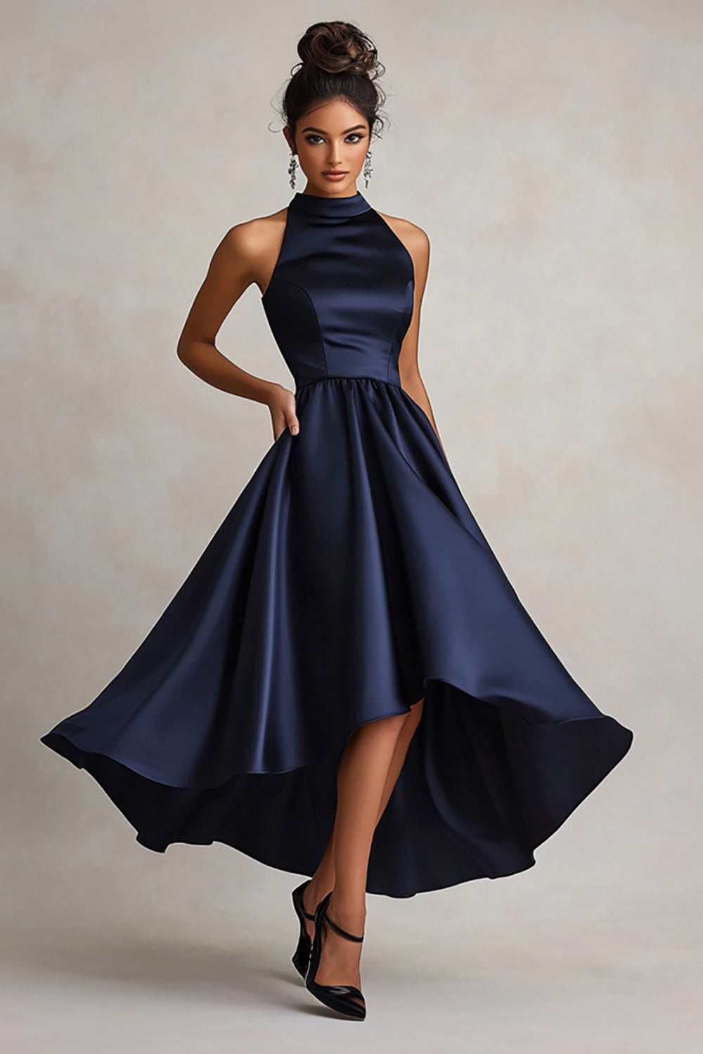Blue A Line Halter Satin Formal Dress