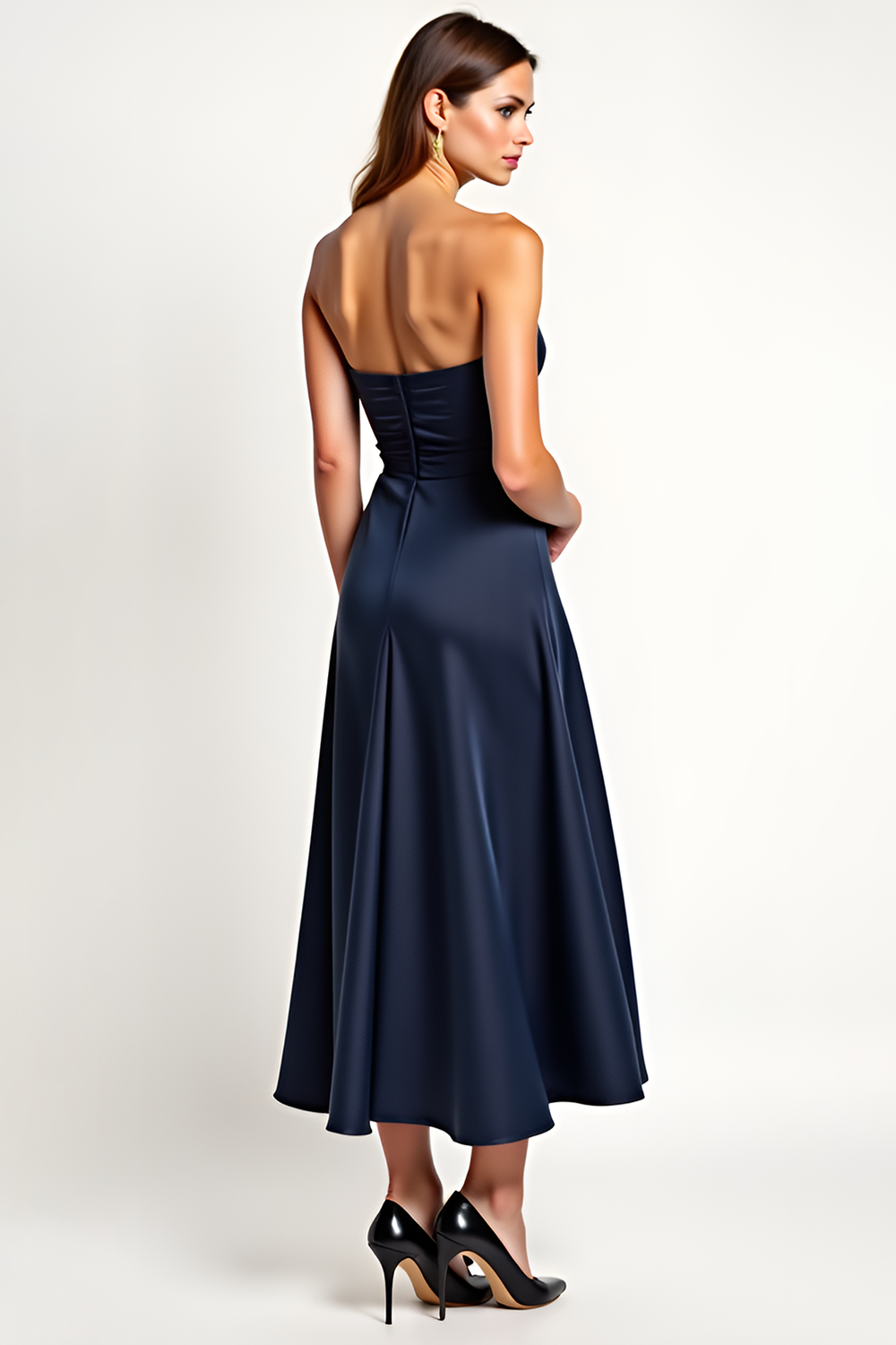 Blue A Line Satin Tea-Length Formal Dress