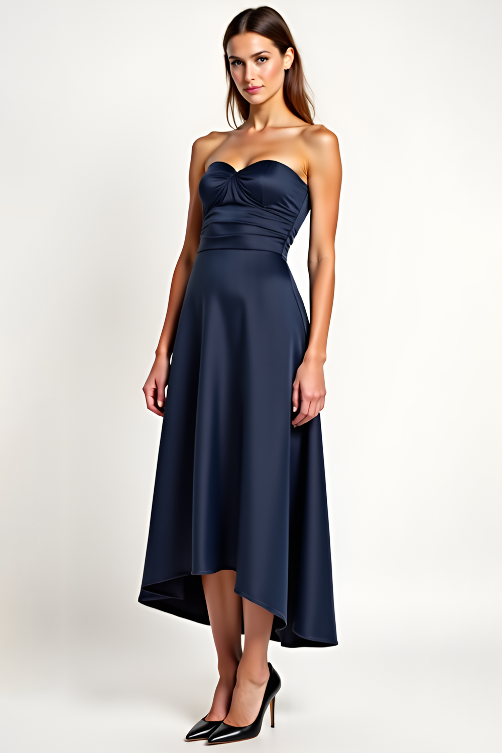 Blue A Line Satin Tea-Length Formal Dress