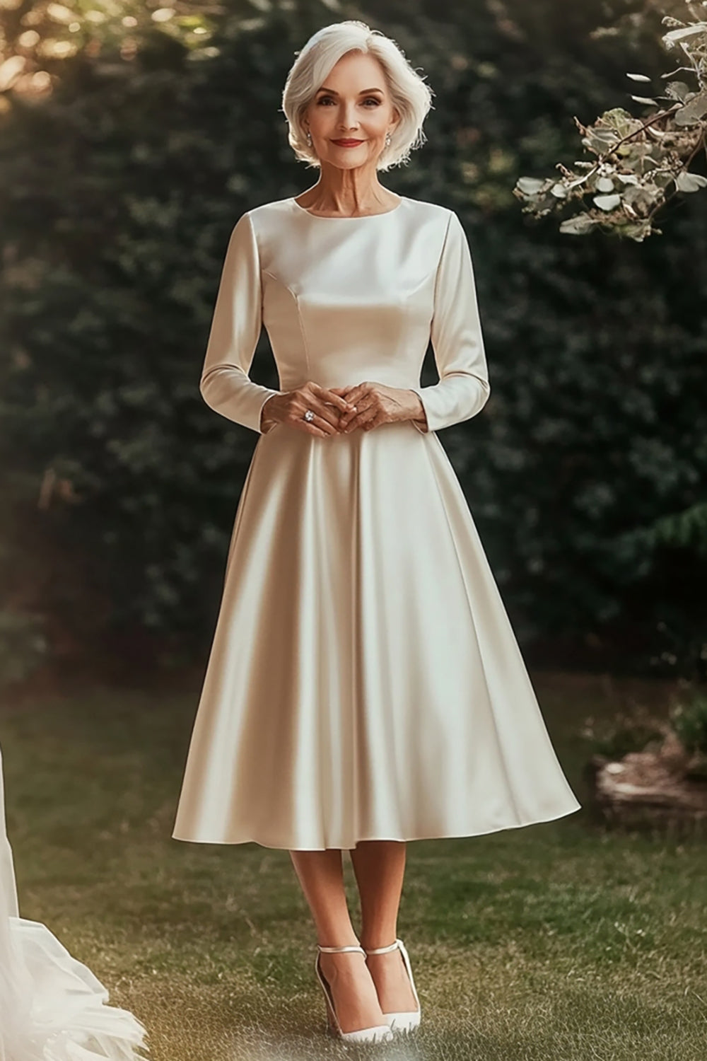 Champagne A Line Satin Long Sleeve Mother of the Bride Dress