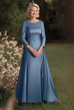 Dark Blue A Line Round Neck Long Mother of the Bride Dress With Lace