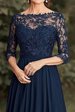 Navy Lace A Line Boat Neck Long Mother of the Bride Dress