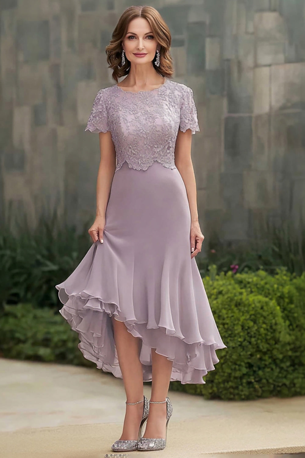 Purple Round Neck Ruffled Lace Mother of the Bride Dress