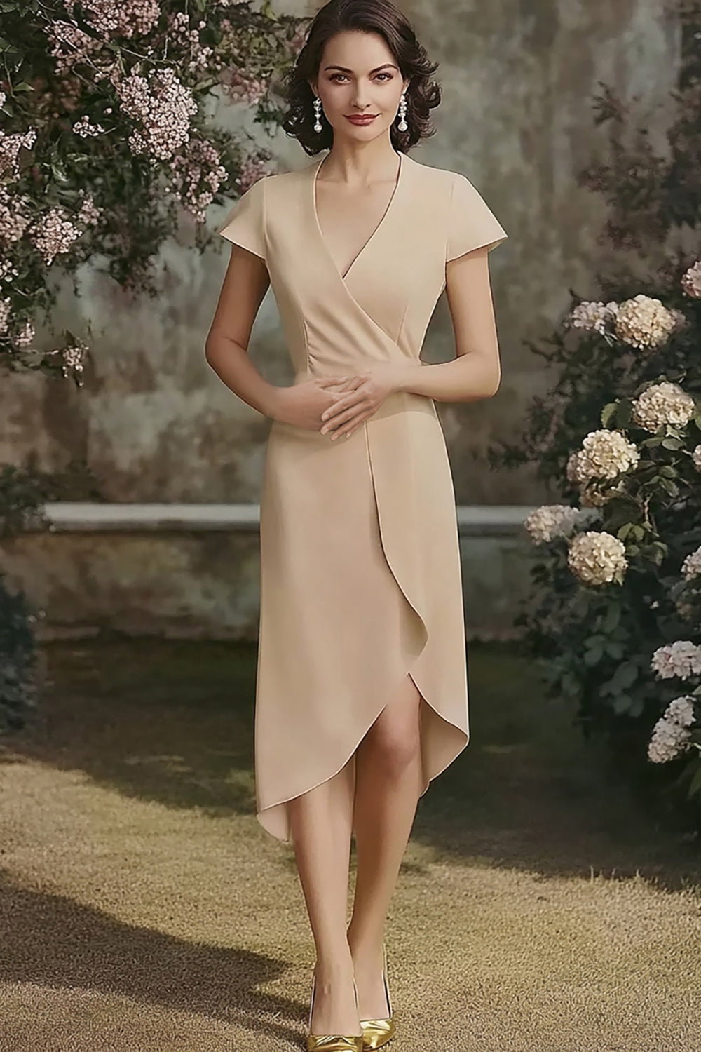 V-Neck Cap Sleeve Midi Champagne Mother of the Bride Dress