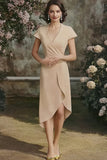 V-Neck Cap Sleeve Midi Champagne Mother of the Bride Dress