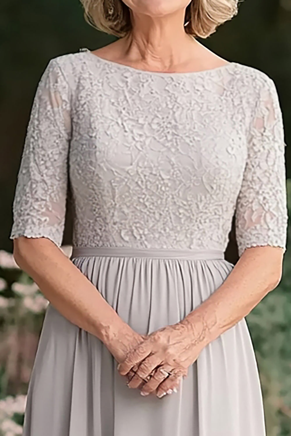 A Line Lace Half Sleeve Light Grey Mother of the Bride Dress